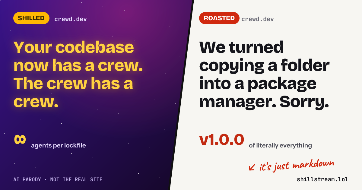 Before / after: crewd.dev shilled and roasted