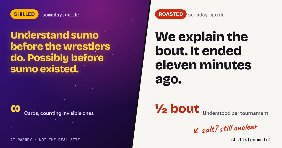 Before / after: sumoday.guide shilled and roasted